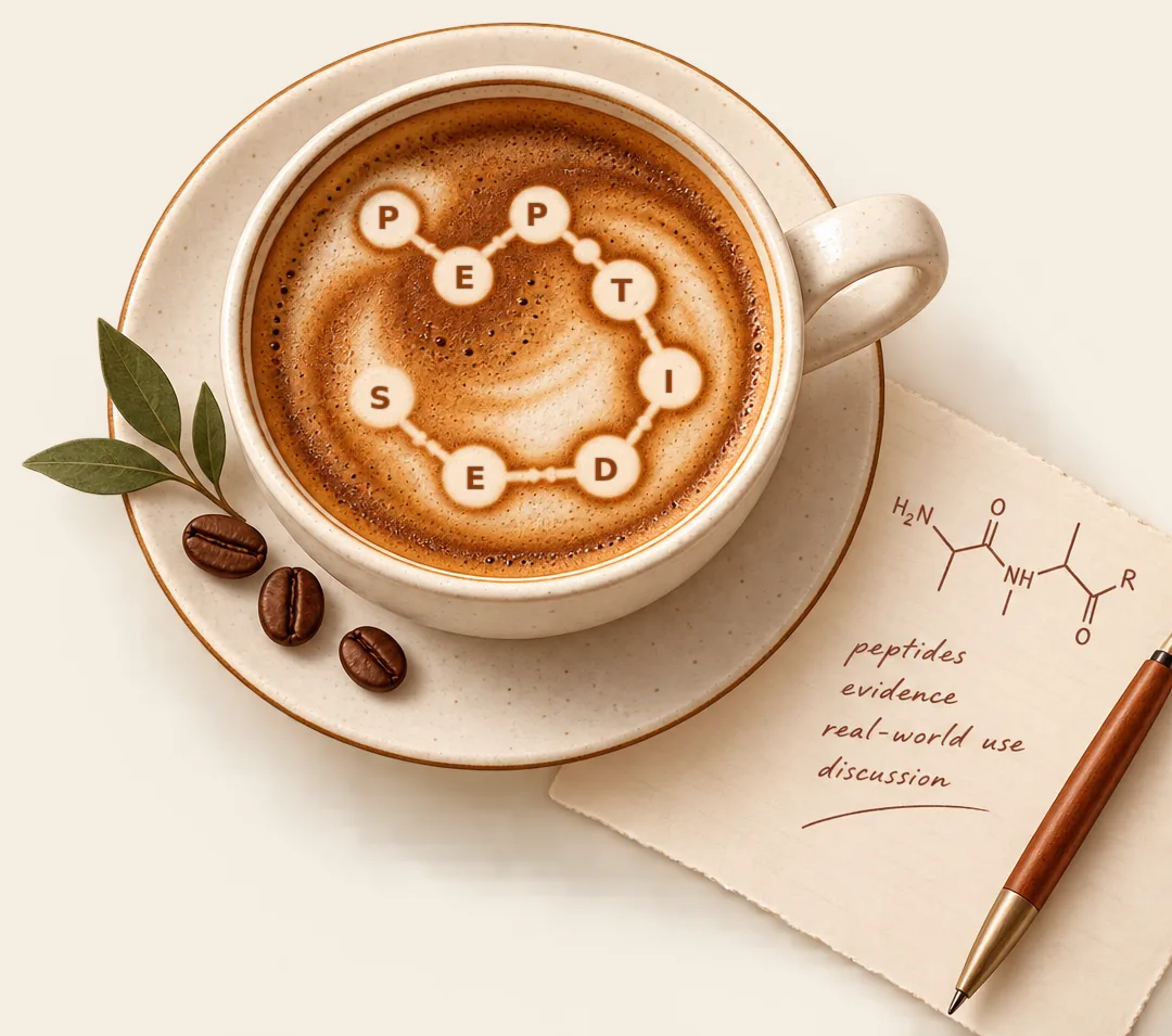 A warm cafe-style latte with peptide-inspired foam art