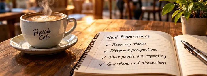 Warm cafe table with a cup of coffee and an open notebook about people's recovery experiences