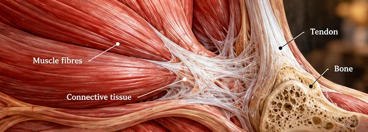 Detailed anatomical illustration showing muscle fibres, connective tissue, tendon and bone