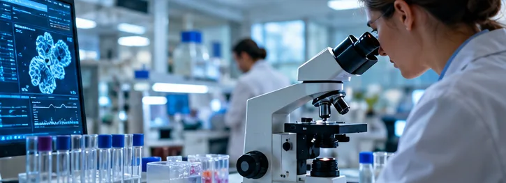 Scientist examining samples through a microscope in a biomedical research laboratory