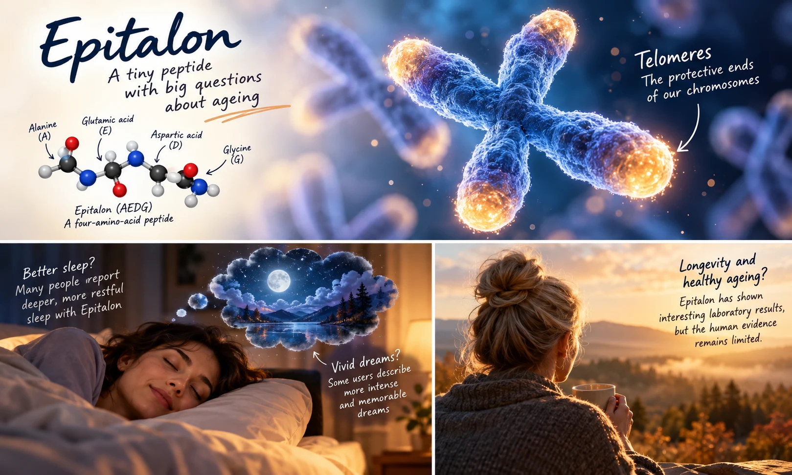 Conceptual collage about Epitalon, chromosome ends, sleep and healthy ageing