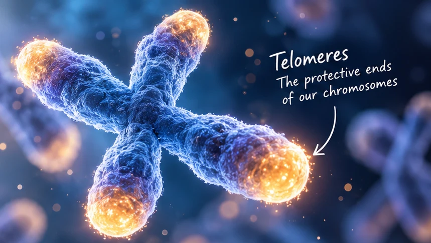Stylised chromosome with glowing ends representing telomeres