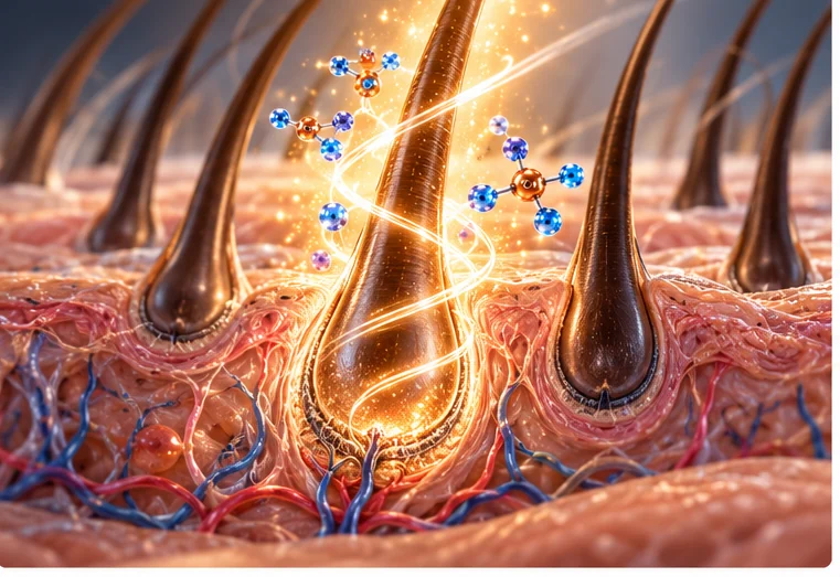 Conceptual illustration of a hair follicle surrounded by peptide-inspired molecular graphics