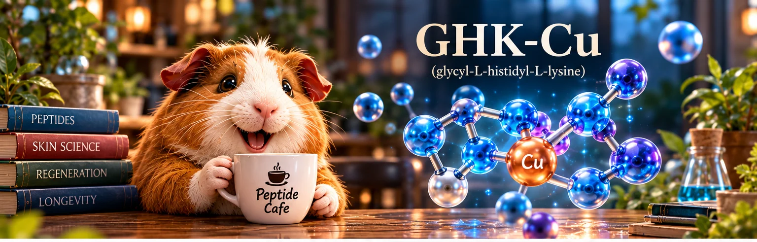 Guinea Pig Gary at the Peptide Cafe beside a conceptual GHK-Cu copper-peptide illustration