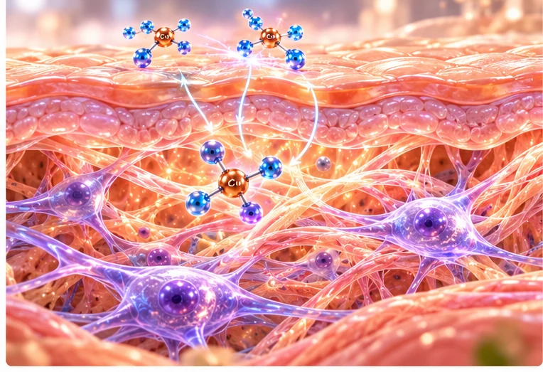 Conceptual illustration of skin layers, connective-tissue fibres and cells being investigated in GHK-Cu research