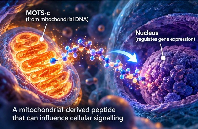 Illustration of a glowing mitochondrion with signalling towards the nucleus