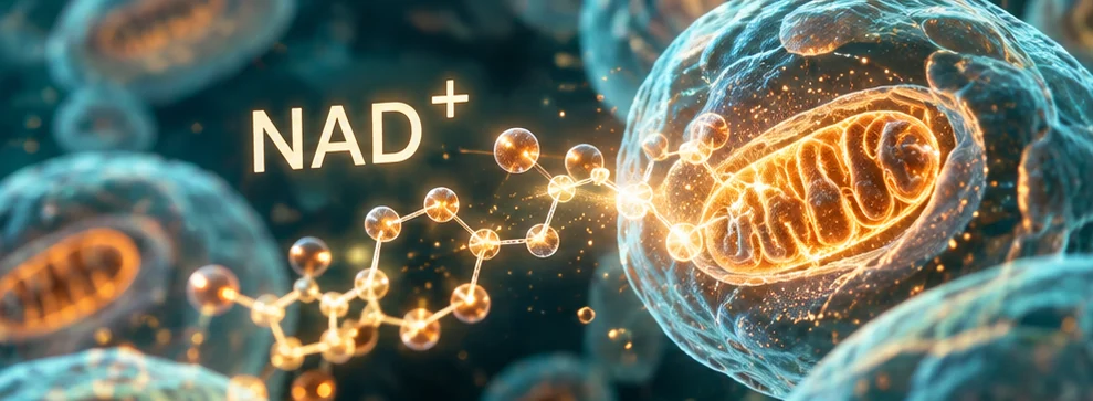 Conceptual illustration of NAD+ and the energy-producing structures inside cells
