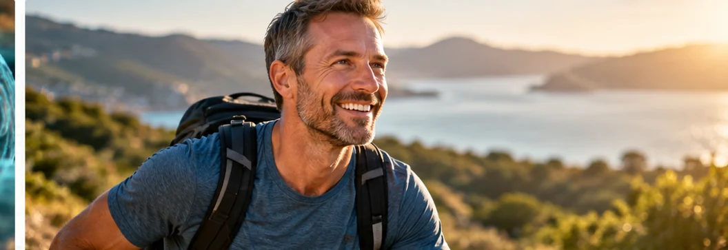 An active middle-aged man enjoying a coastal walk in warm sunlight