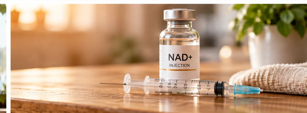 Conceptual still life of a NAD+ labelled vial and syringe on a wooden surface