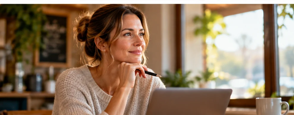Woman concentrating on work at a laptop in a warmly lit café