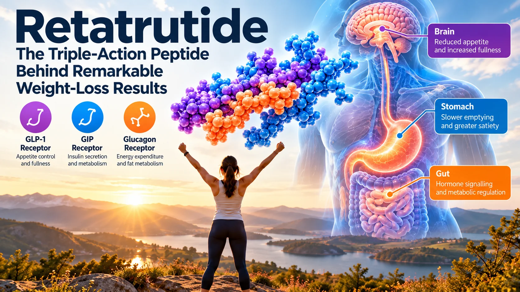 Illustrative retatrutide banner showing a sunrise, a molecular concept and the three metabolic hormone receptor pathways