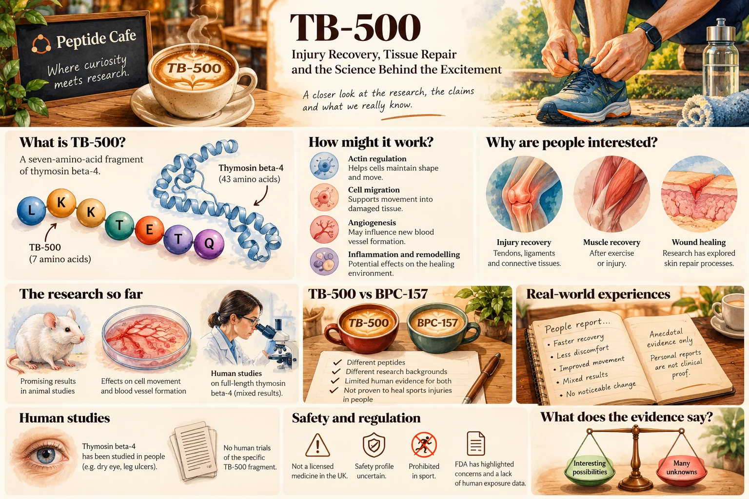 Illustrated Peptide Cafe overview of TB-500 interest, proposed mechanisms, experimental evidence and unanswered safety questions.
