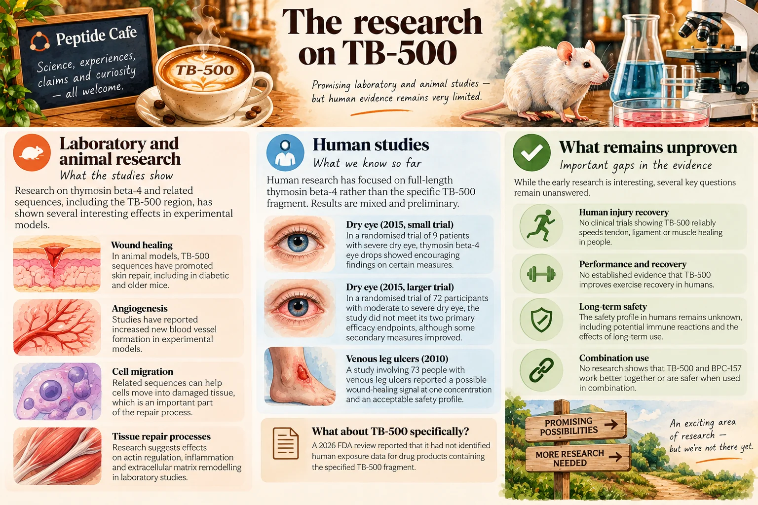 Illustrated evidence board showing animal research, human studies of full-length thymosin beta-4, and questions still unanswered about TB-500.