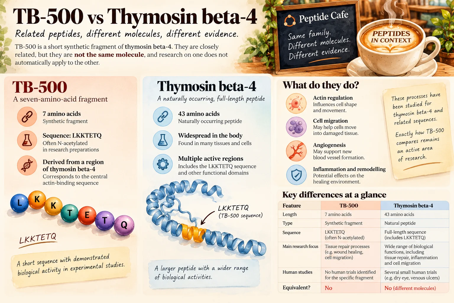Illustrated side-by-side comparison of TB-500, a seven-amino-acid synthetic fragment, and full-length 43-amino-acid thymosin beta-4.