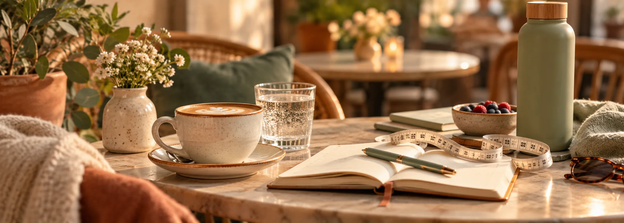 Warm café table with coffee, journal and everyday wellbeing objects