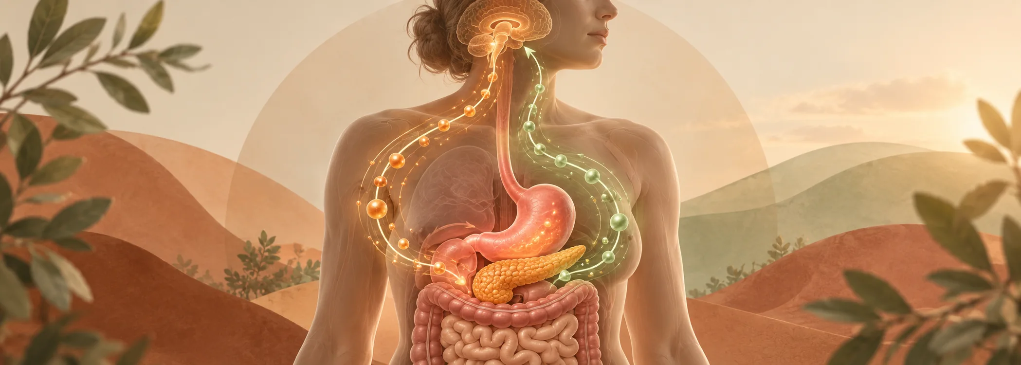 Editorial anatomical illustration representing gut, pancreas and brain hormone signalling