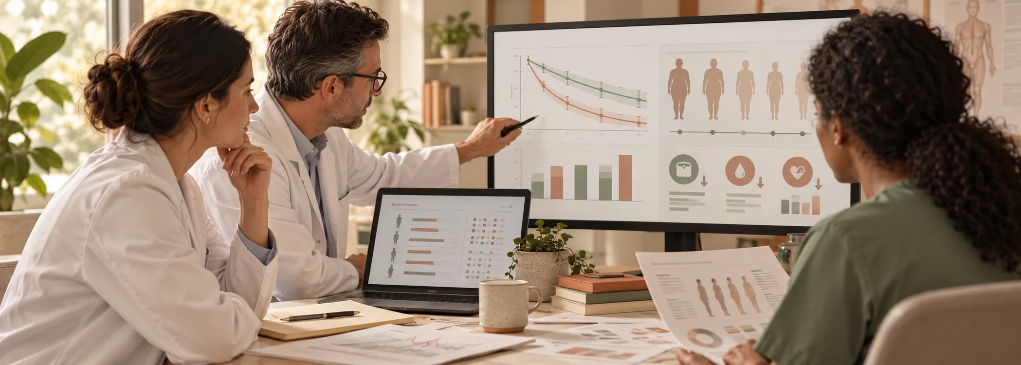 Illustrative scene of researchers reviewing clinical trial charts