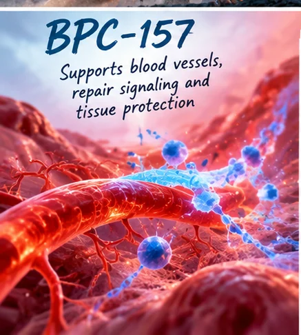 Conceptual illustration of blood vessels and repair signalling discussed in BPC-157 research