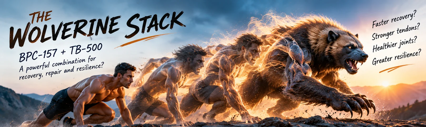 Fantasy illustration of an athlete transforming into a powerful wolverine-like creature, representing the Wolverine Stack nickname